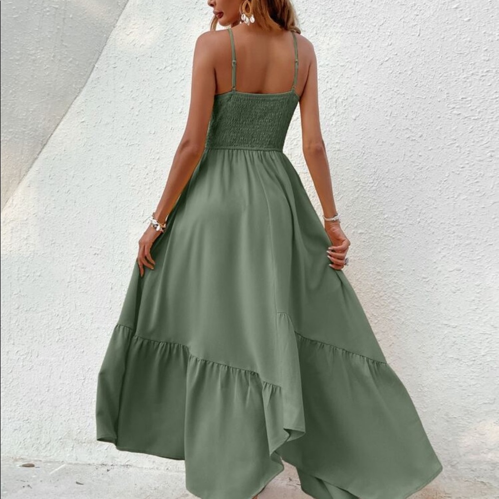 Boho Smocked Bodice Asymmetrical Hem Ruffle Cami Maxi Dress BLUE - Picture 7 of 14